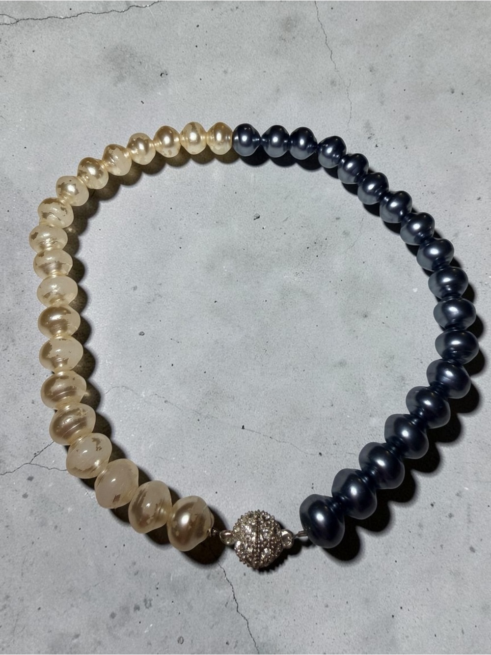 Two-Tone Pearl Necklace with Pave Clasp - Cream and Black